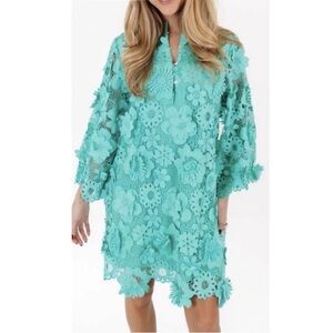 J.Marie Seraphina Dress Teal Short Floral 3D Lace 3/4 Sleeve Shift Kaftan NWT